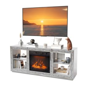 Silver Mirror Modern TV Stand With 18 Inch Fireplace Insert & Storage Shelves, Medium Density Fiberboard Fireplace TV Console For Living Room, 14